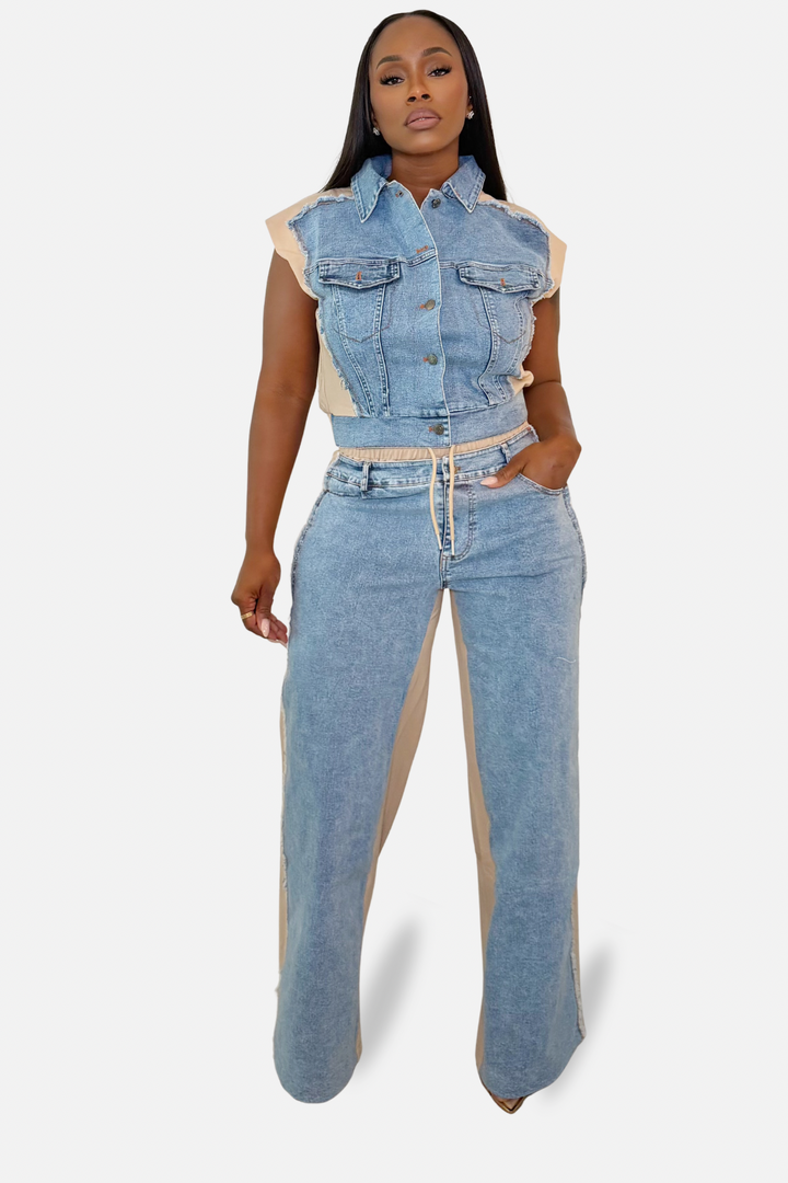 The Denim Contrast Two Piece Pants Set [Denim/Beige]