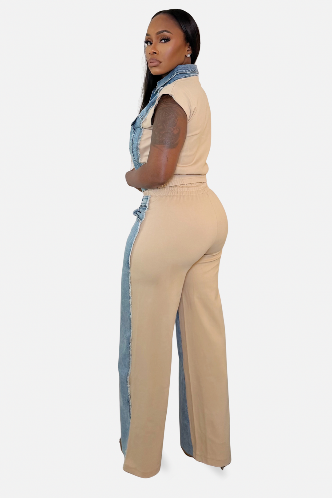The Denim Contrast Two Piece Pants Set [Denim/Beige]