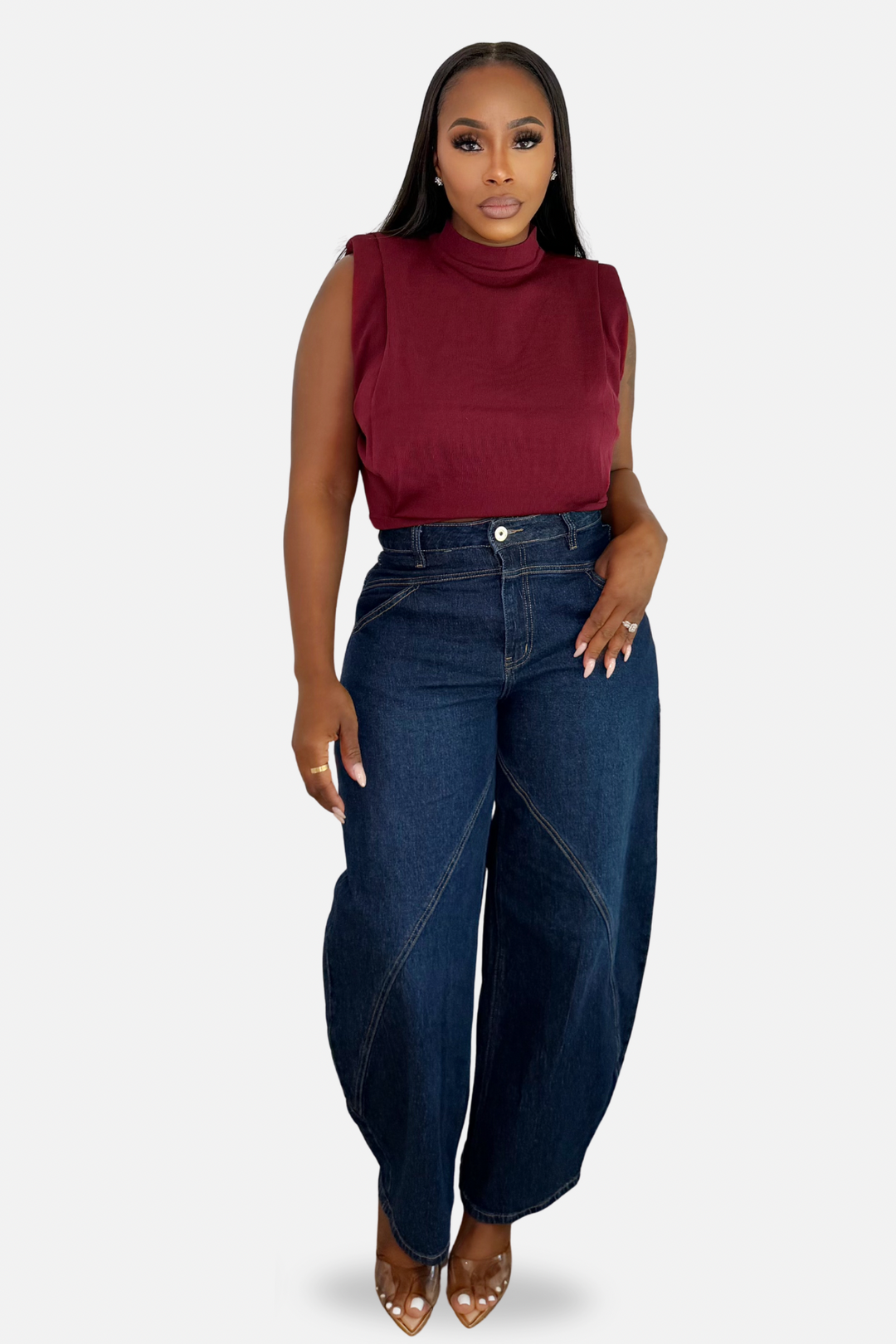 The Padded Shoulder Knit Top [Burgundy]