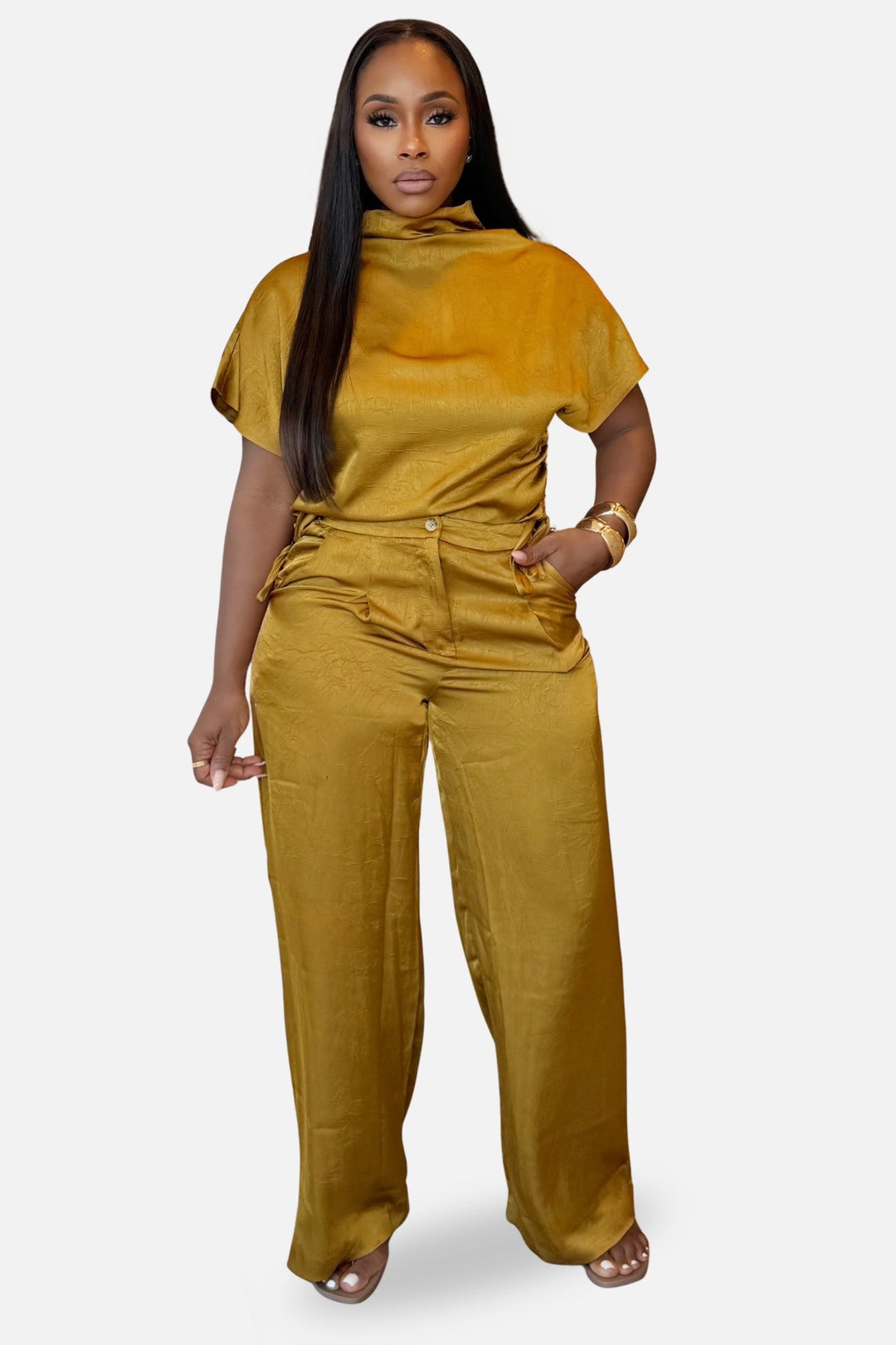 The Aurelia Satin Ruched Pants Set [Olive Gold ]