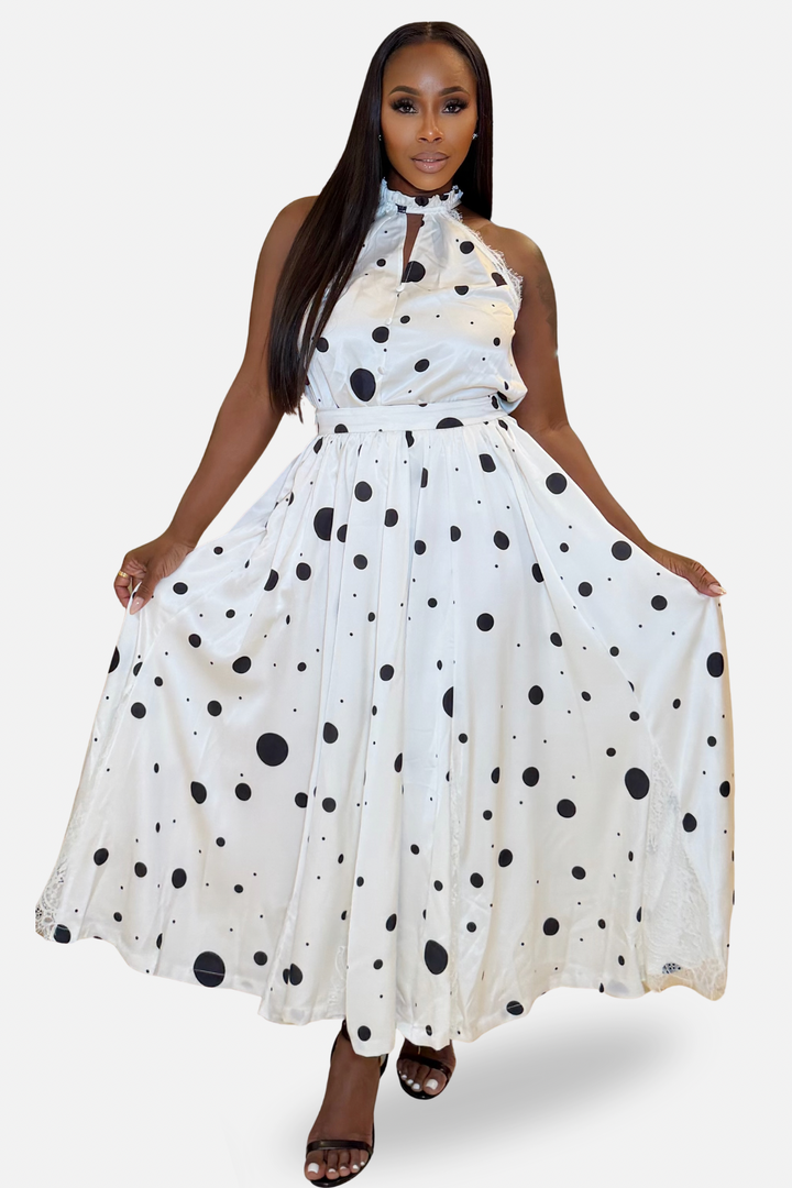 The Spotlight Polka Dot Halter Maxi Dress [White/Black]