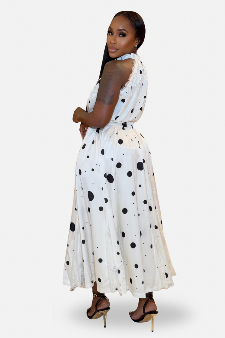 The Spotlight Polka Dot Halter Maxi Dress [White/Black]