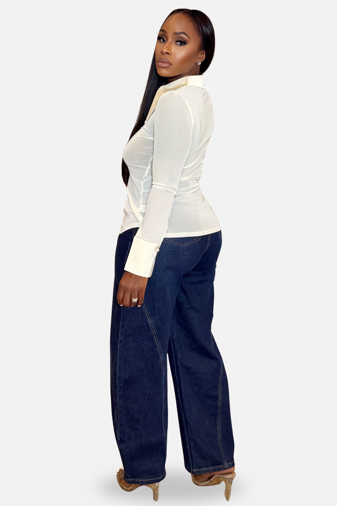 The Luxe Rosette Sheer Button Down Top [Cream]