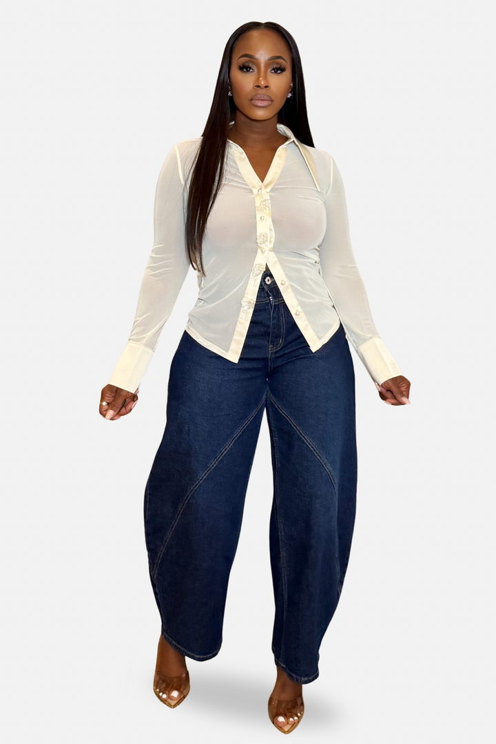 The Luxe Rosette Sheer Button Down Top [Cream]