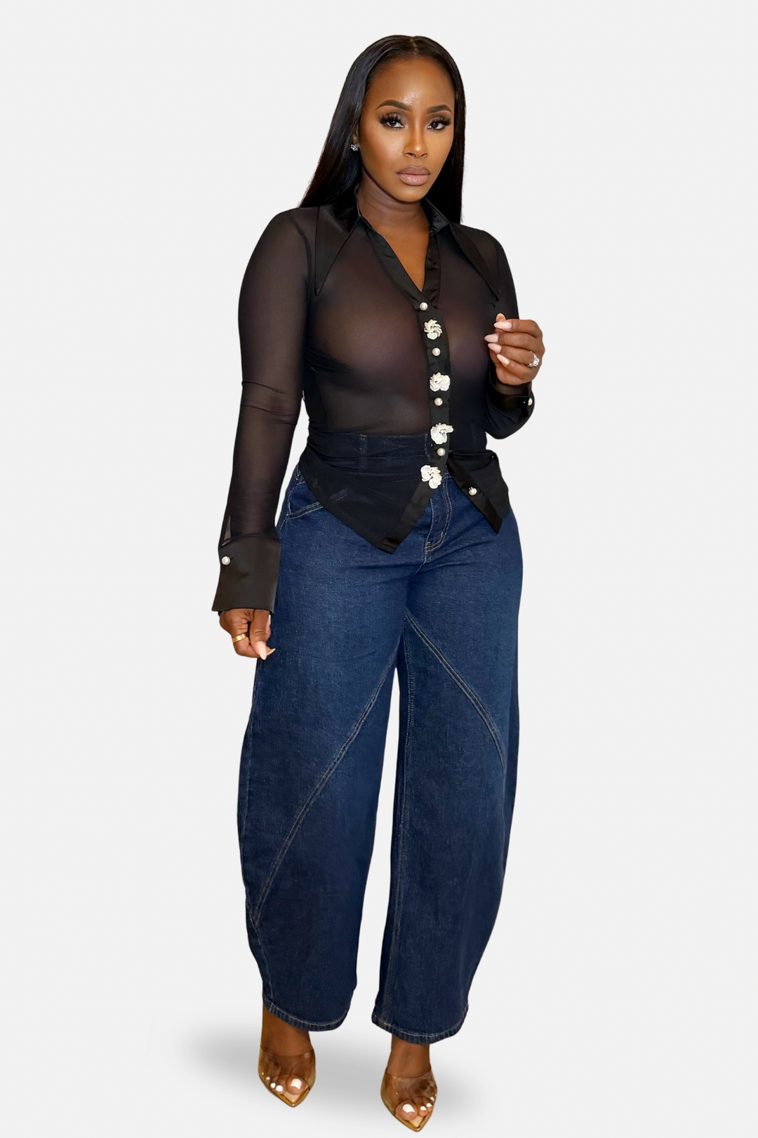 The Luxe Rosette Sheer Button Down Top [Black]