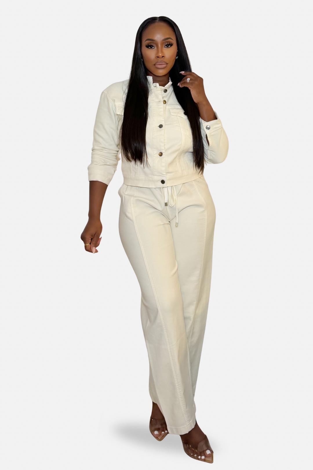 The City Chic Cream Denim Two Piece Set [Cream]