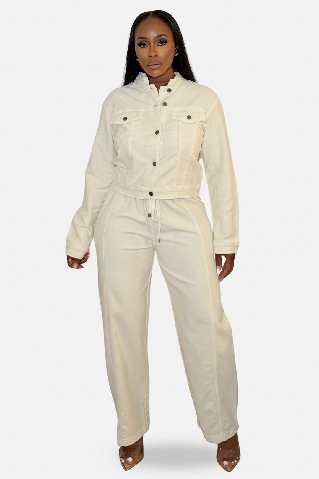 The City Chic Cream Denim Two Piece Set [Cream]
