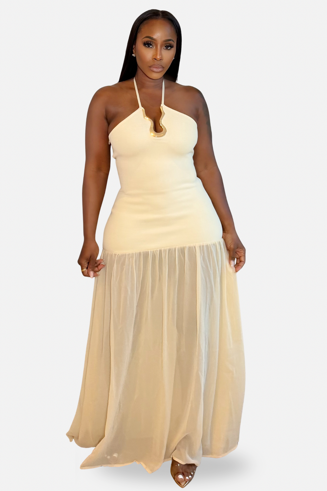 The Golden Hour Halter Mesh Dress [Beige]