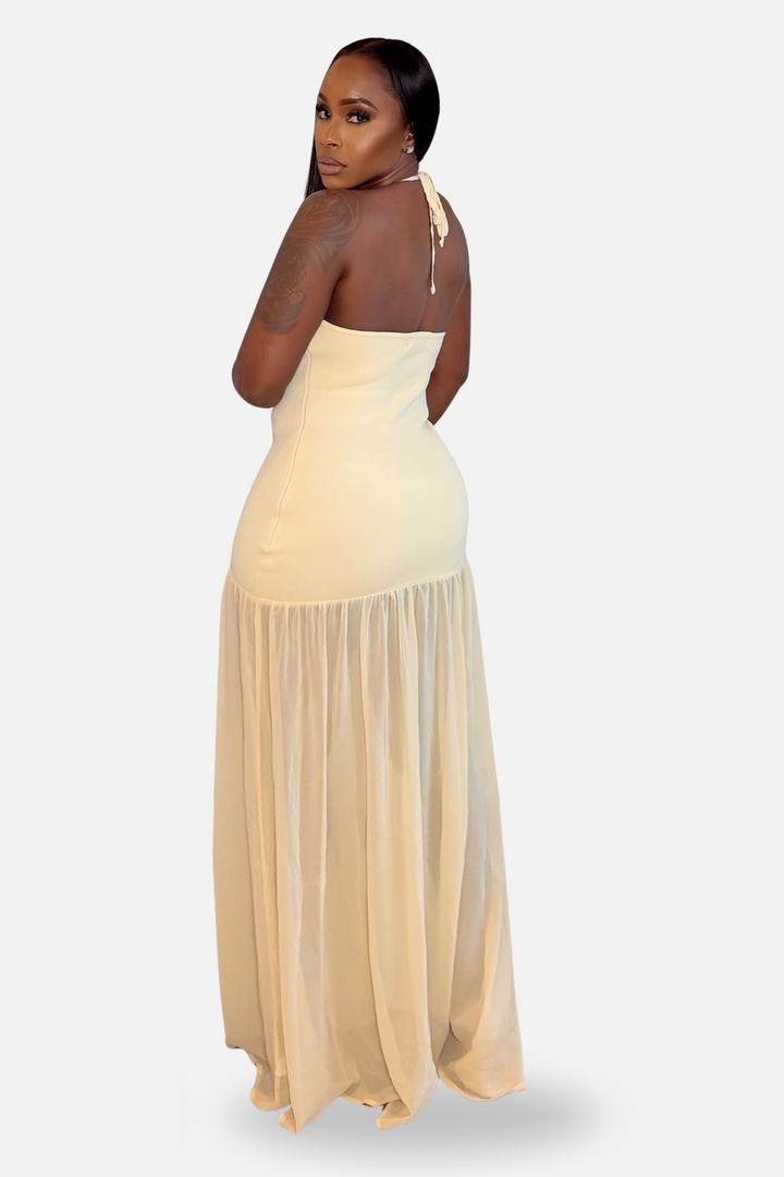 The Golden Hour Halter Mesh Dress [Beige]