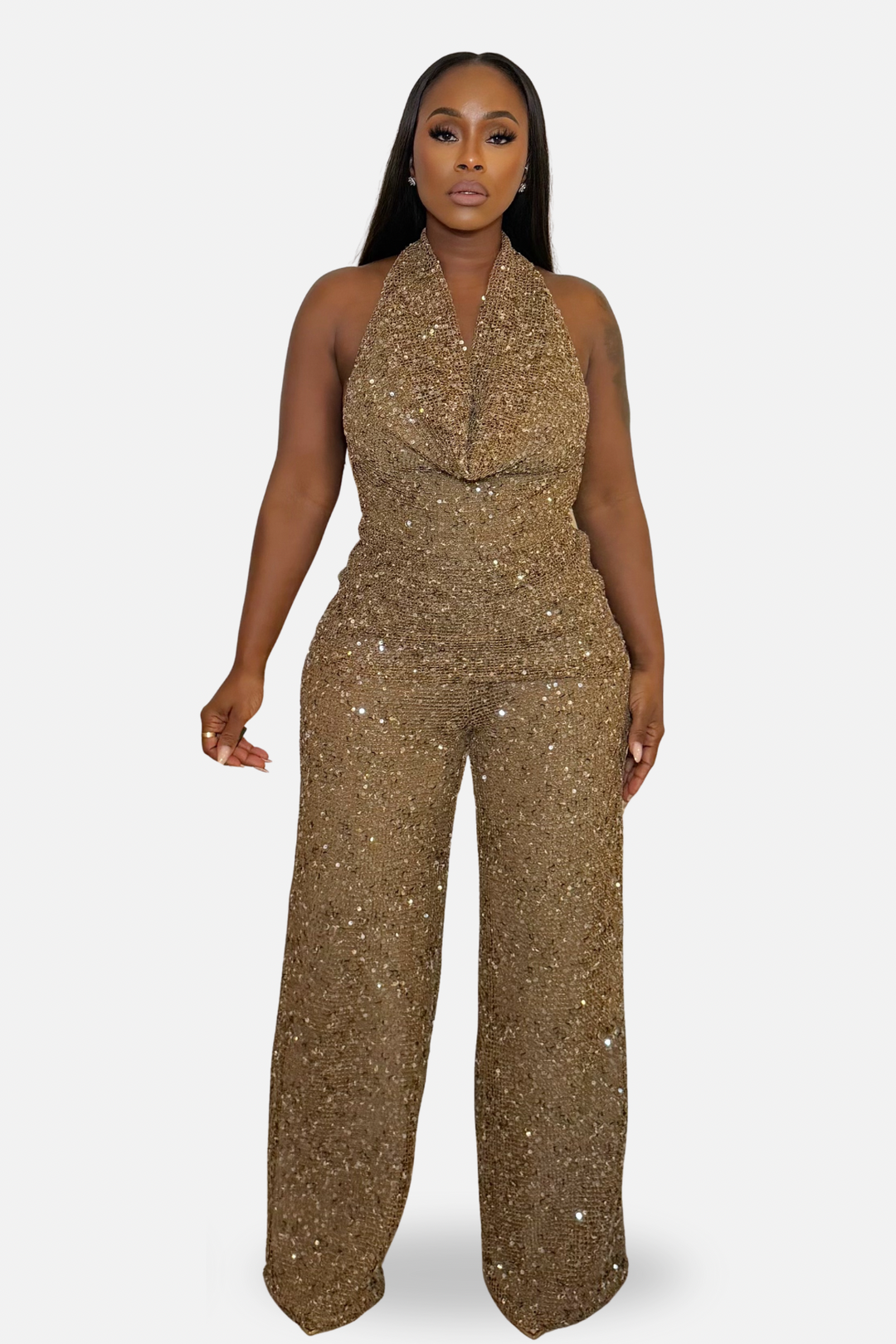 The Gilded Glamour Sequin Backless Pants Set [Bronze]