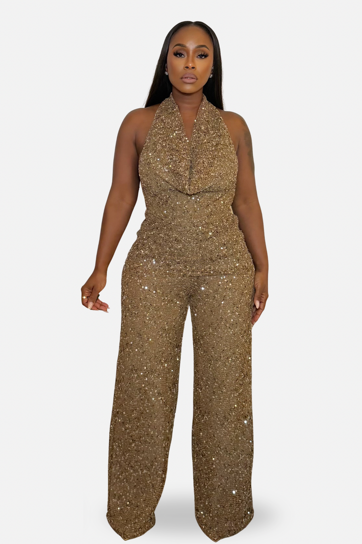 The Gilded Glamour Sequin Backless Pants Set [Bronze]