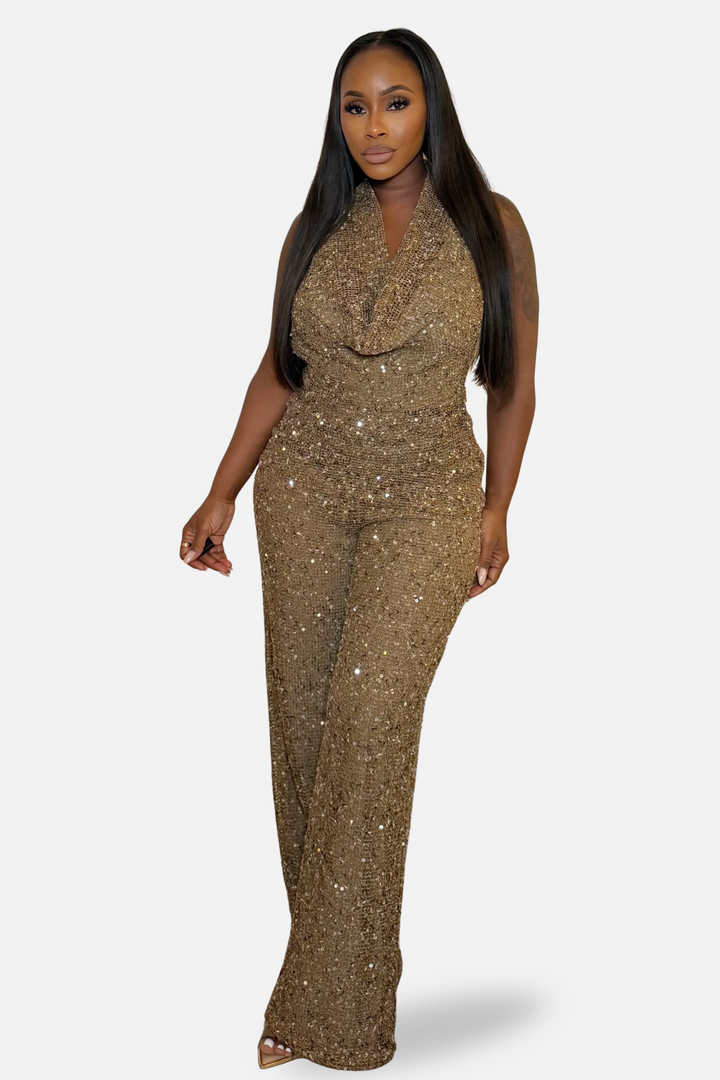The Gilded Glamour Sequin Backless Pants Set [Bronze]