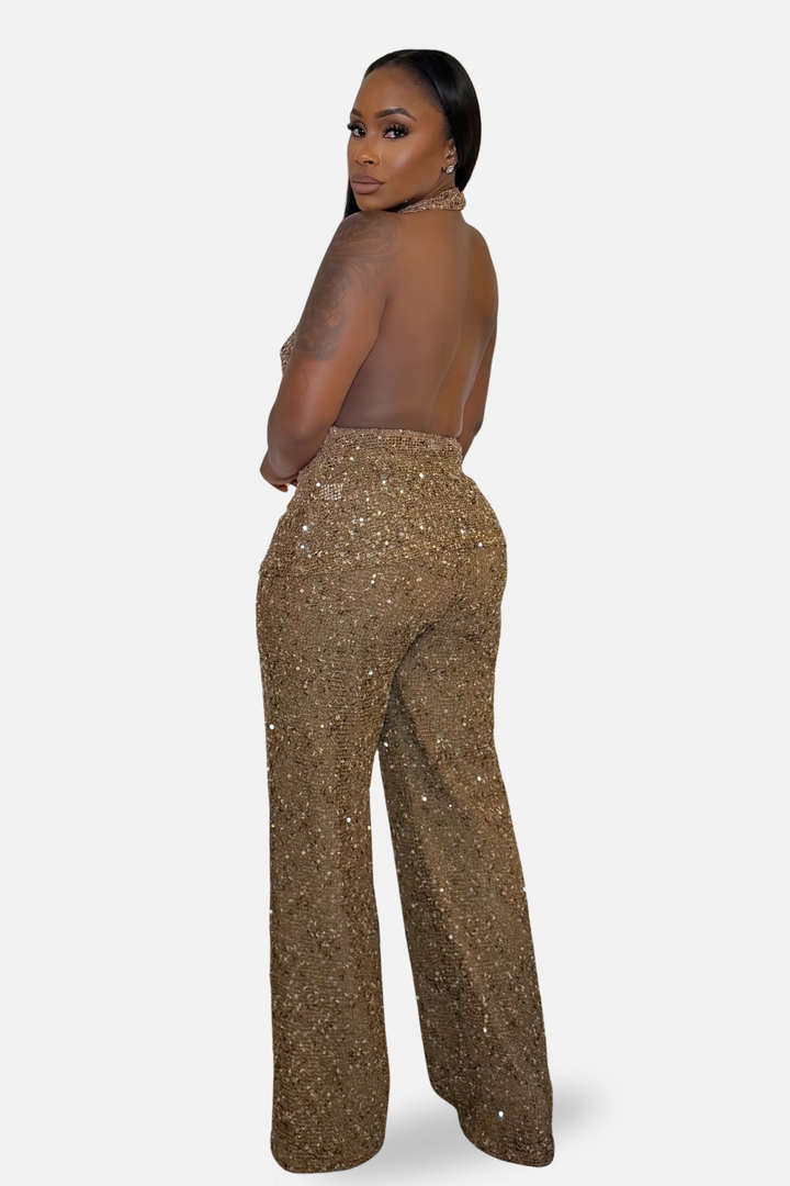 The Gilded Glamour Sequin Backless Pants Set [Bronze]
