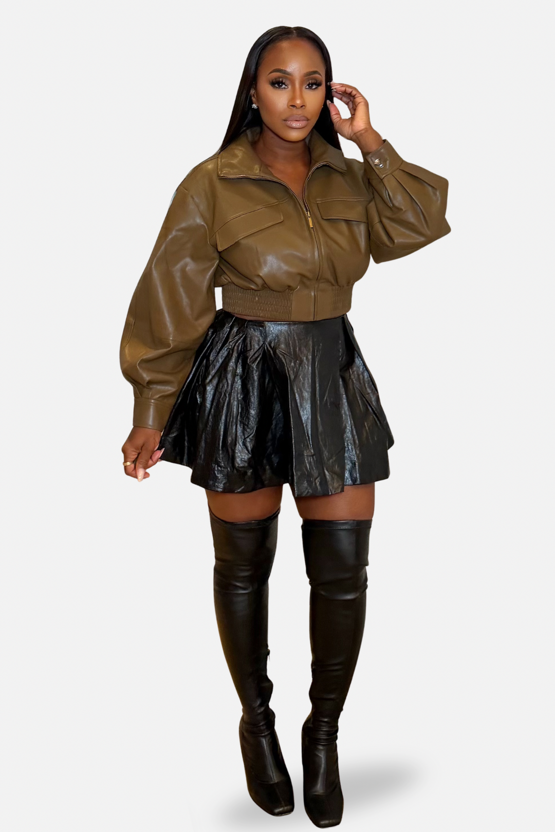Bomber Faux Leather Crop Jacket [Brown]
