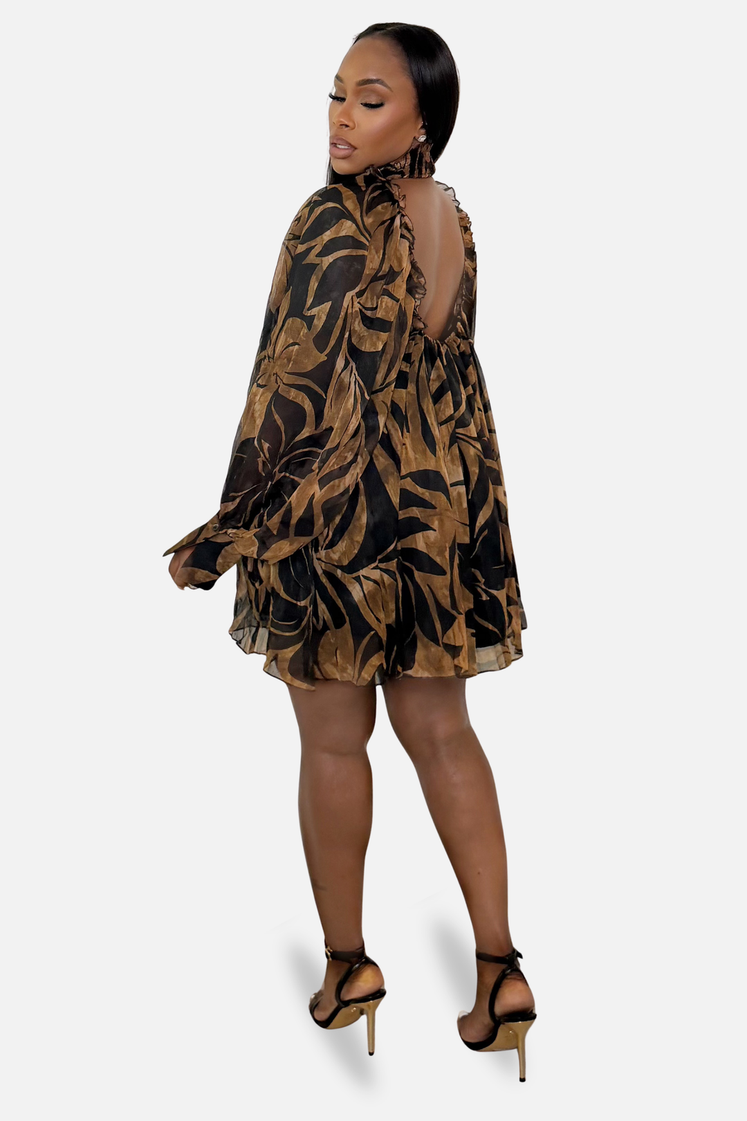 The Babydoll Chiffon Mini Dress [Tan/Black]