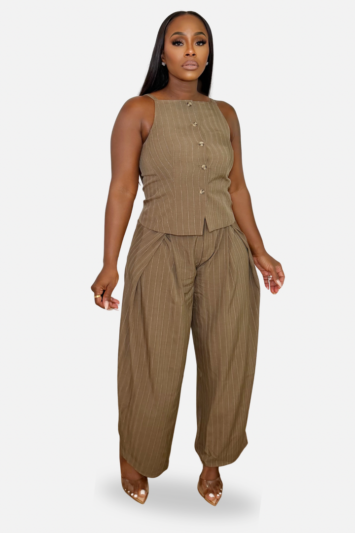 The Pinstripe Vest &amp; Barrel Pants Set [Taupe]