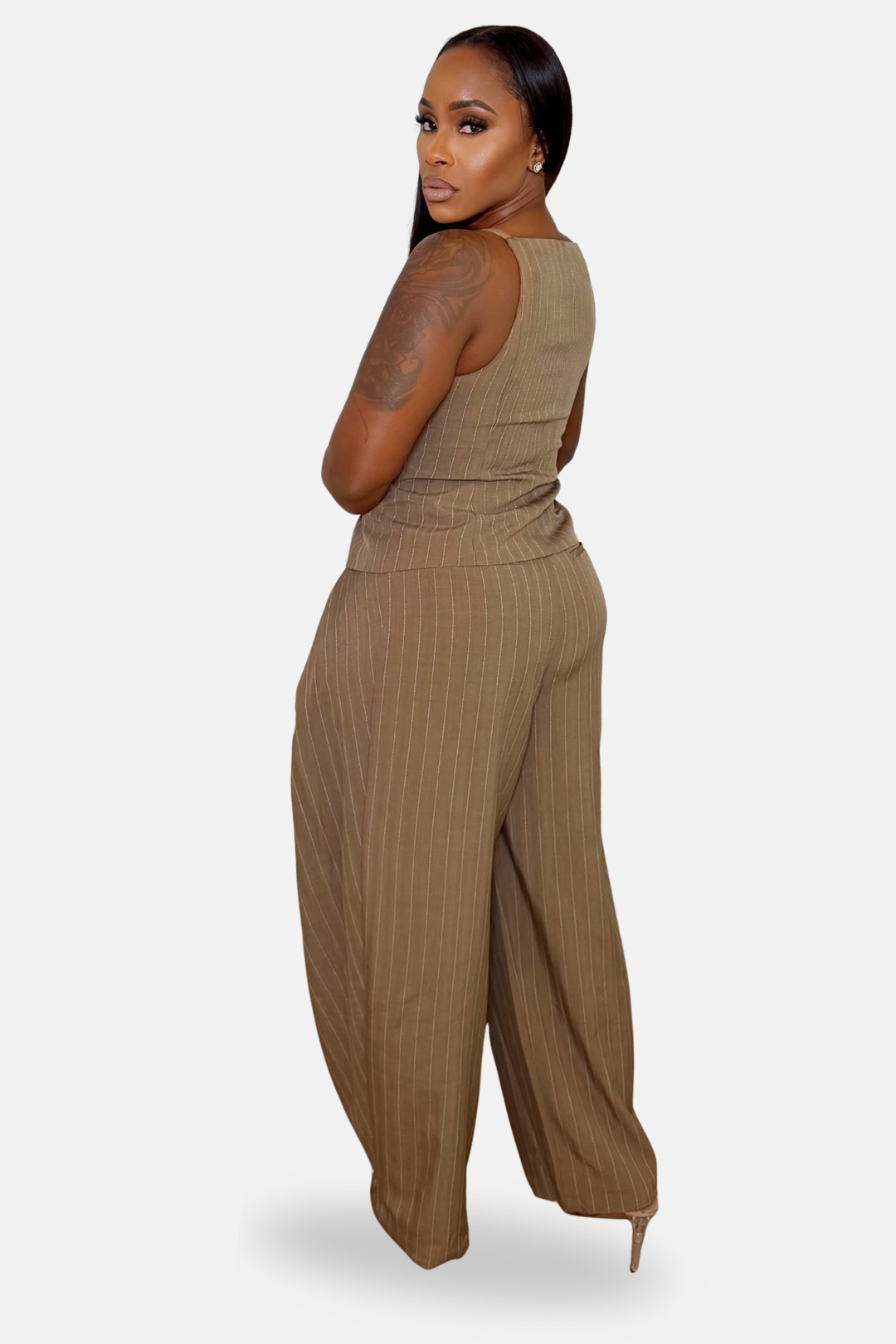 The Pinstripe Vest &amp; Barrel Pants Set [Taupe]