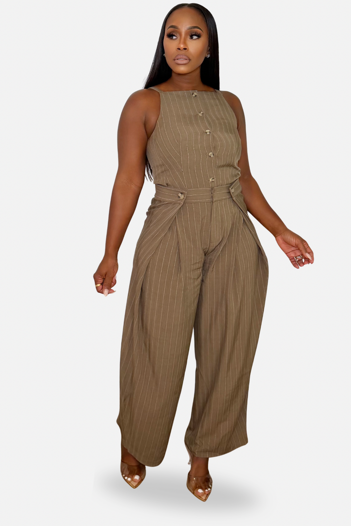 The Pinstripe Vest &amp; Barrel Pants Set [Taupe]