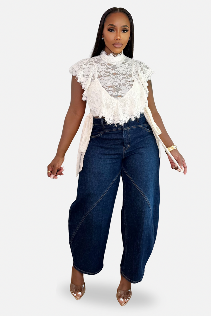 The Genevieve Sheer Lace Ruffle Top [Off White]