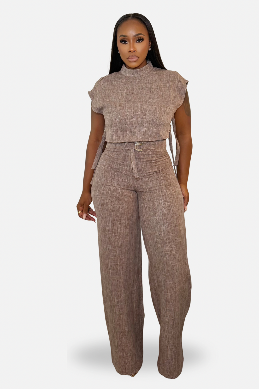 The Side Buckle Crop Top Pants Set[Mocha]