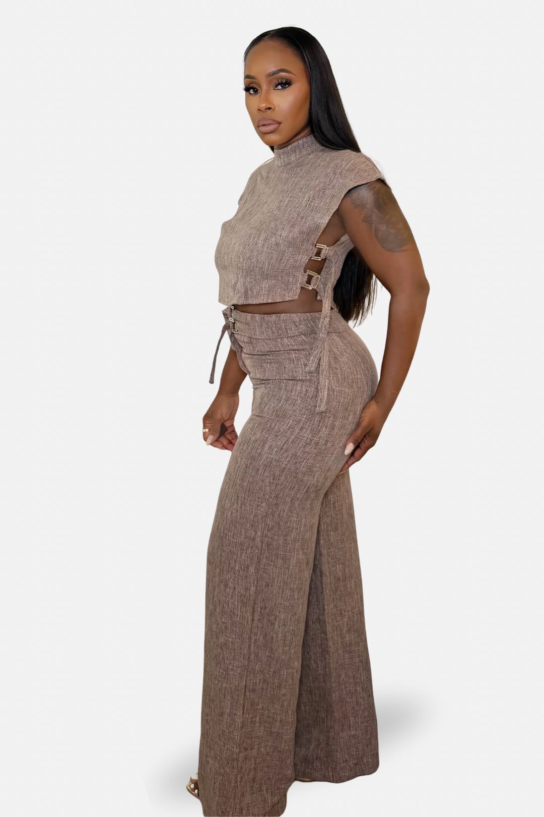 The Side Buckle Crop Top Pants Set[Mocha]