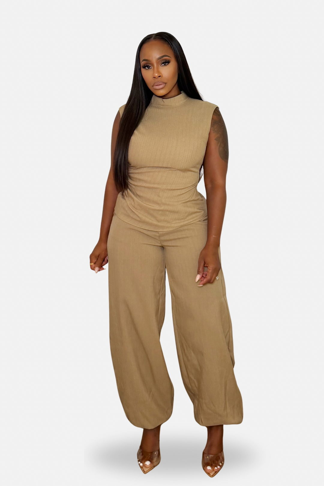 The High Neck Sleeveless Balloon Pants Set [Khaki]