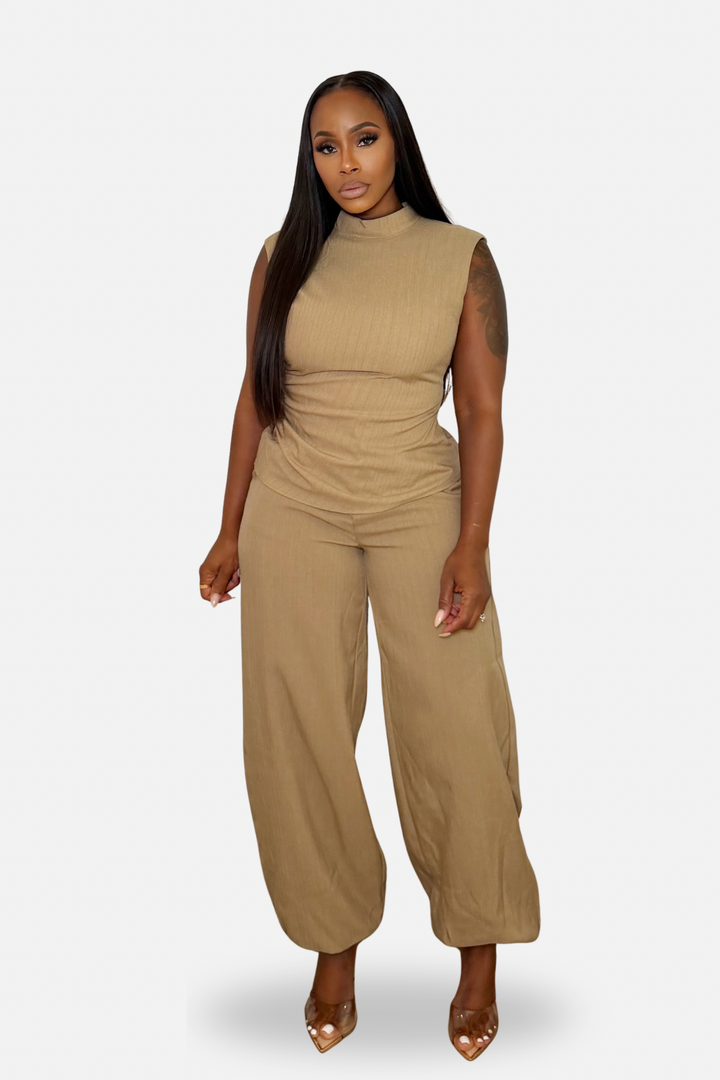 The High Neck Sleeveless Balloon Pants Set [Khaki]