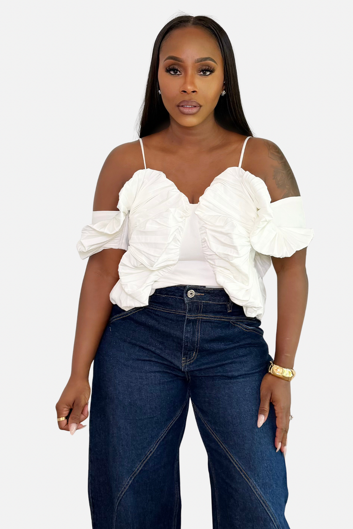 The Ruched Cold Shoulder Top [White]