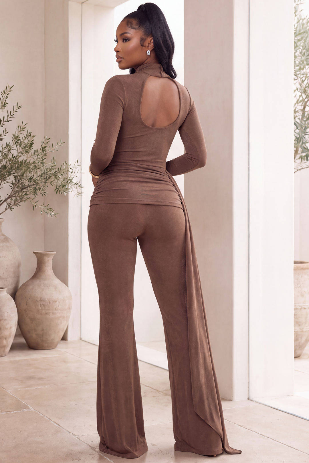 High neck sash Jumpsuit [Mocha]