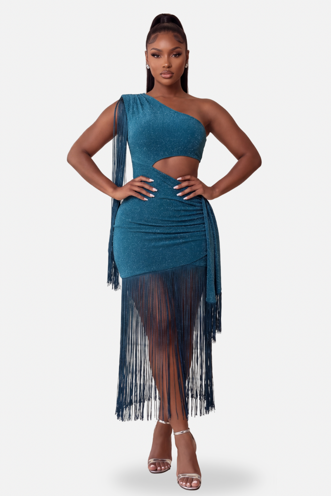 Glitter Knit One Shoulder Cut Out Fringe Dress (Teal)