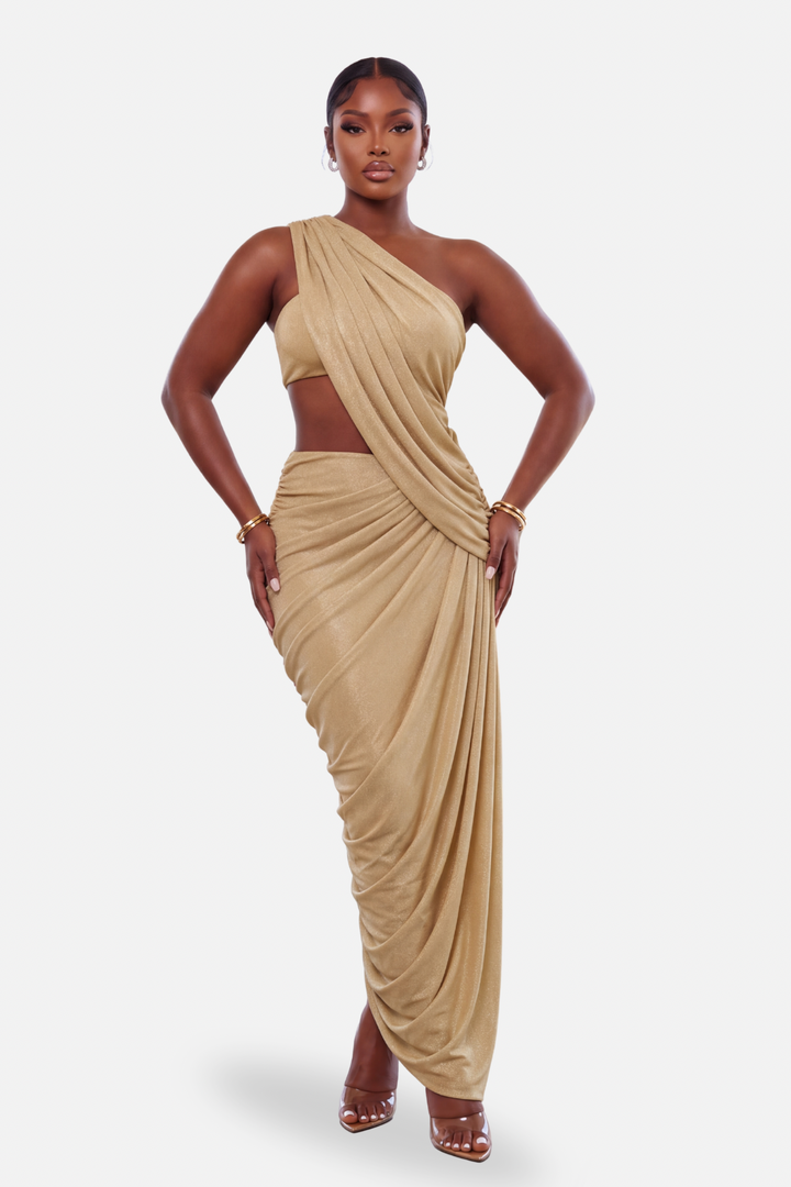 The Gilded Drape Cutout Dress [Gold]