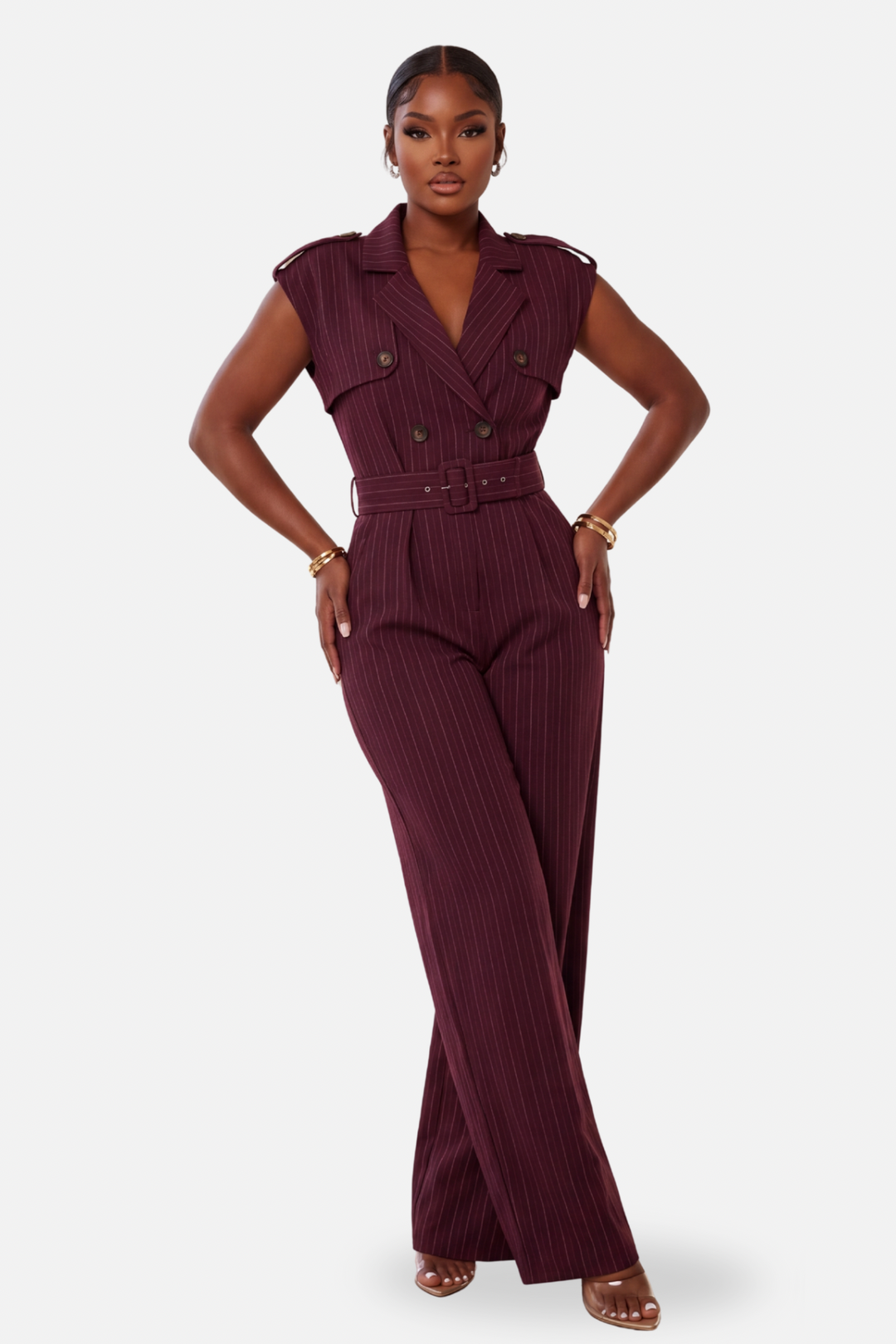 The Boardroom Pinstripe Jumpsuit [Wine]