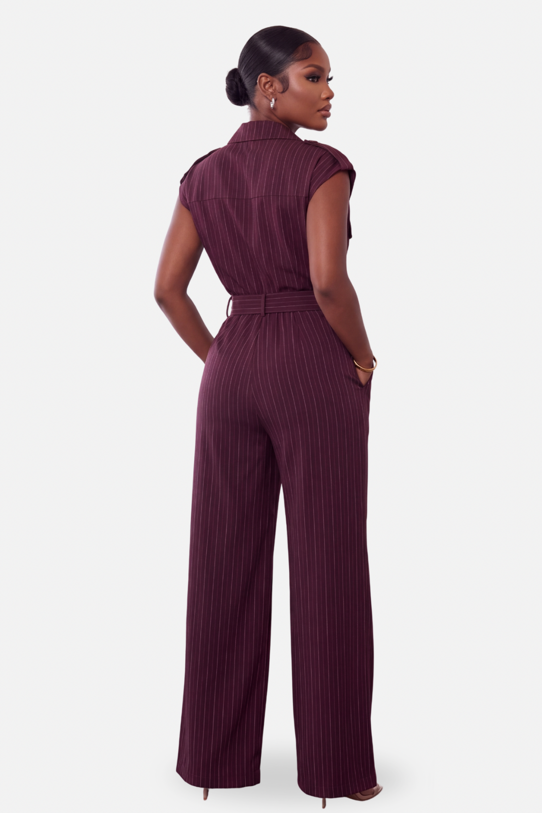 The Boardroom Pinstripe Jumpsuit [Wine]
