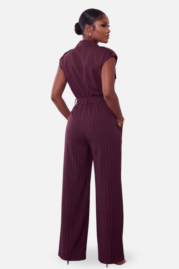 The Boardroom Pinstripe Jumpsuit [Wine]