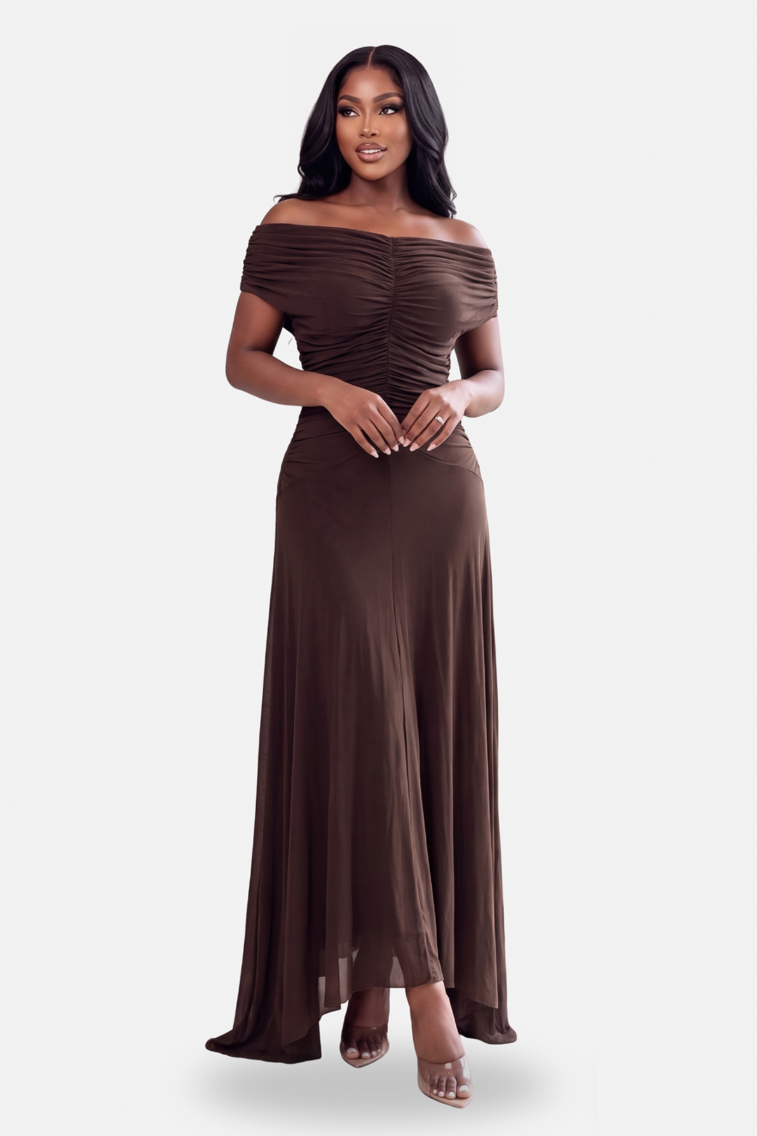 The Kaira Off Shoulder Dress [Chocolate]