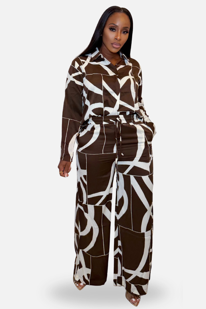 Abstract Rhythm Wide-Leg Set [Chocolate/Cream]