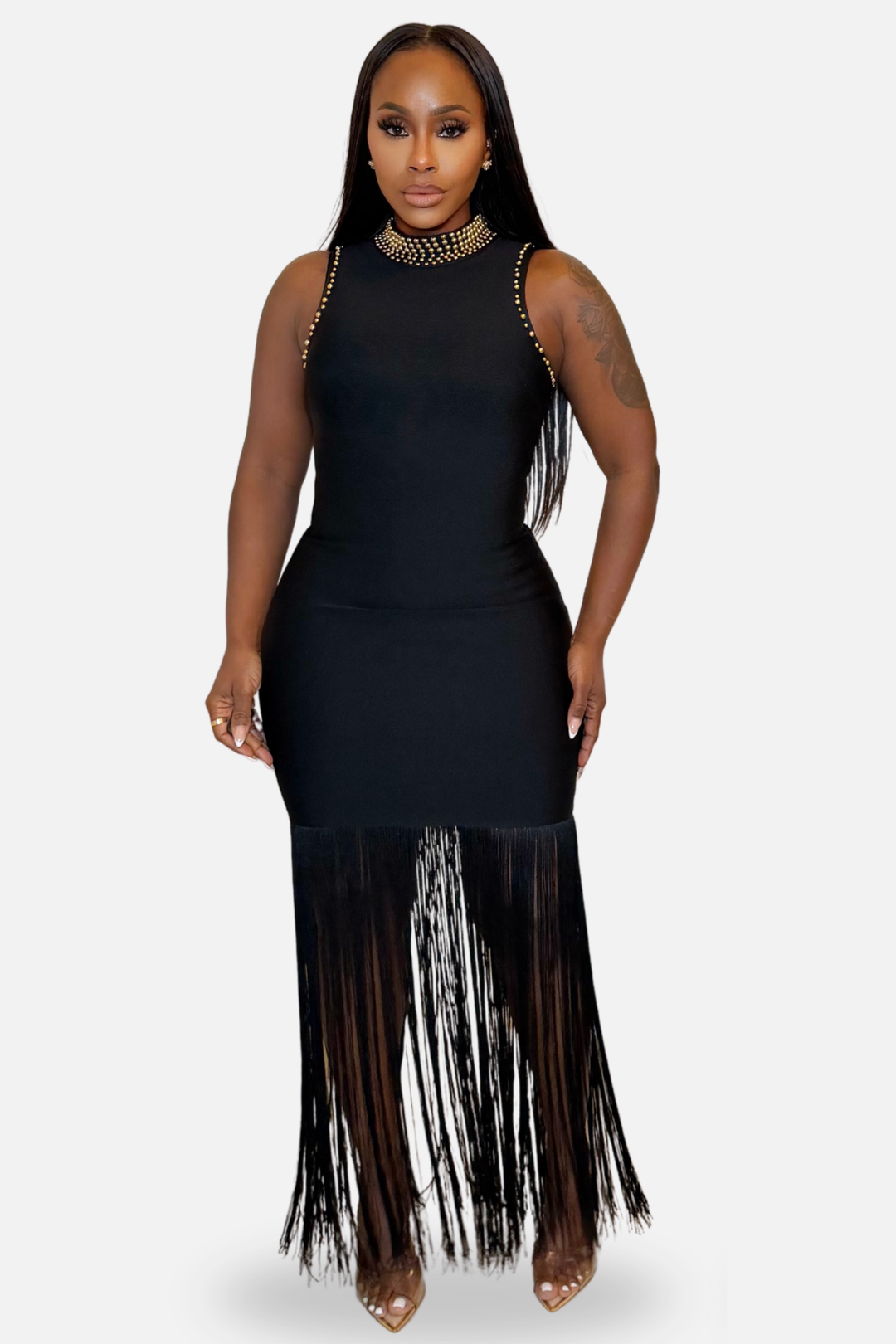The Kaia Studded Fringe Dress [Black]