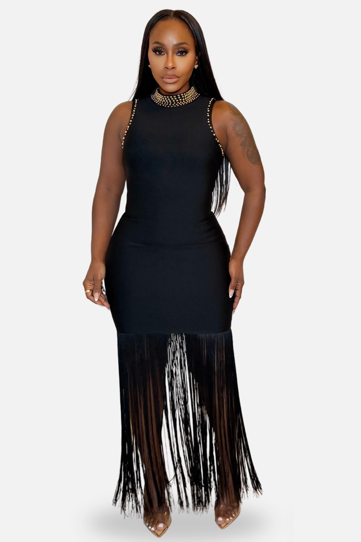 The Kaia Studded Fringe Dress [Black]