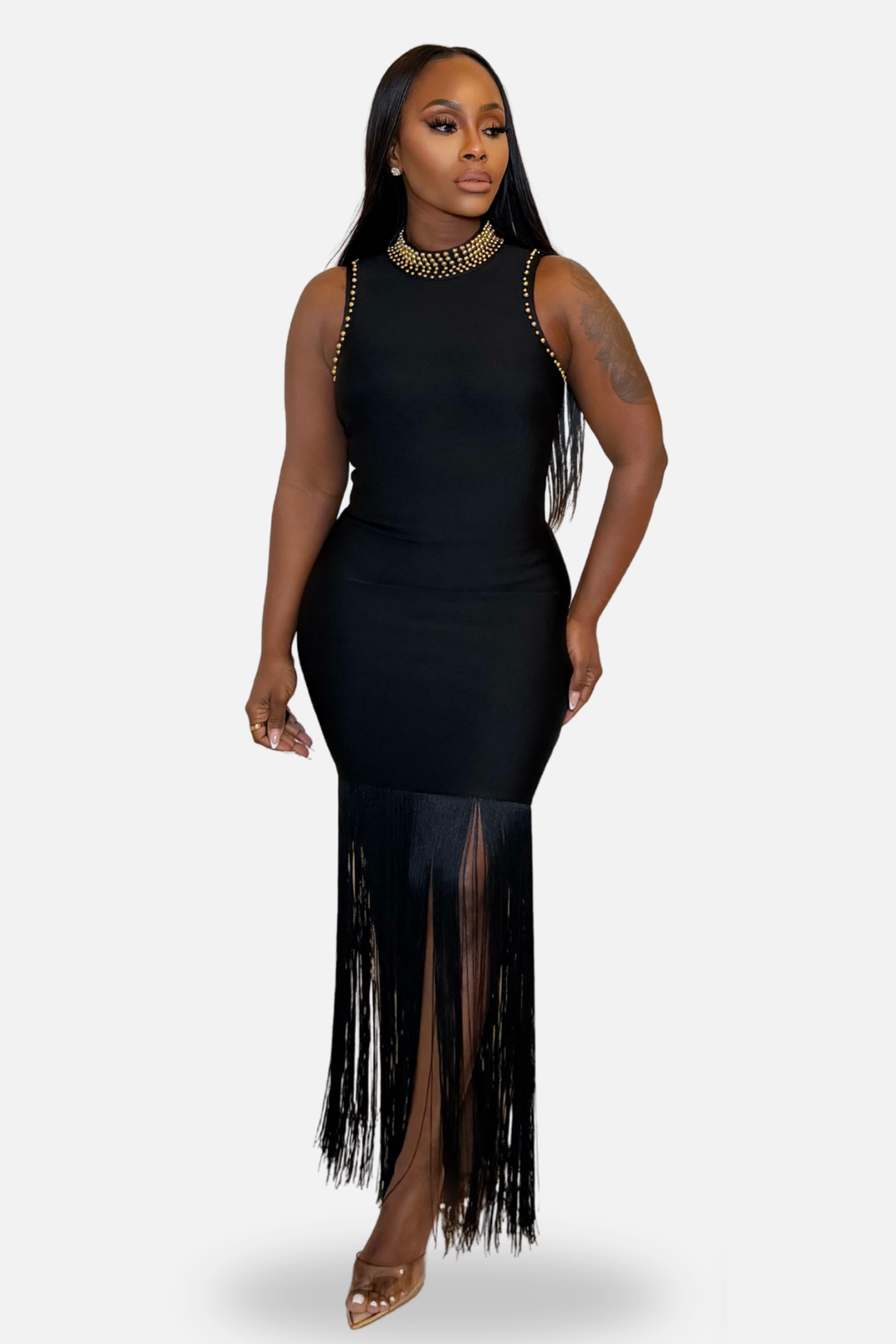 The Kaia Studded Fringe Dress [Black]