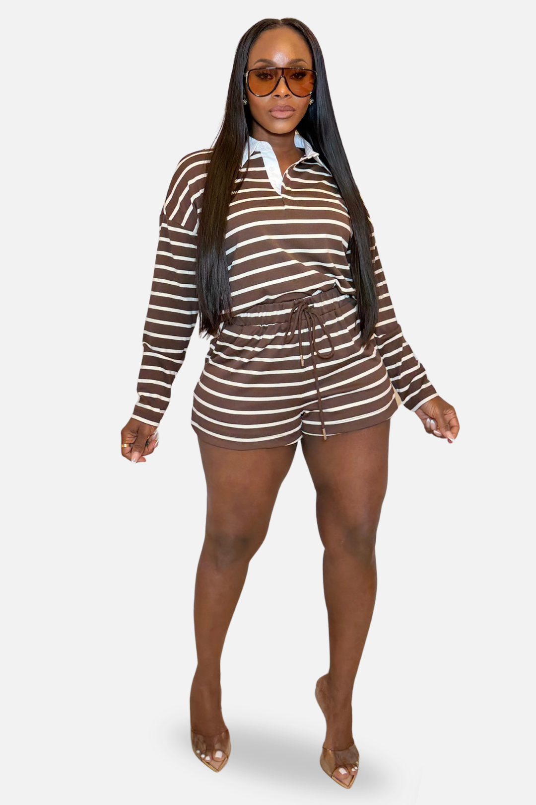 The Aspen Striped Short Set [Mocha/White]