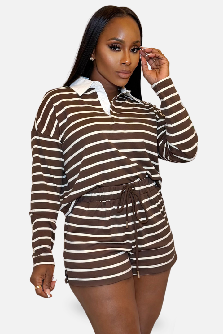 The Aspen Striped Short Set [Mocha/White]