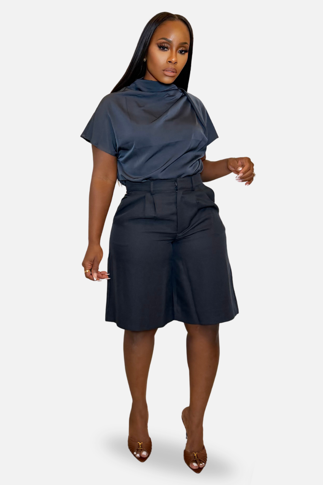 The Lyra Draped Satin Top [Charcoal]