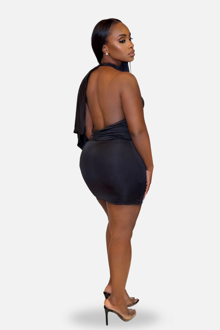 Midnight Allure Draped Mini Dress Black
