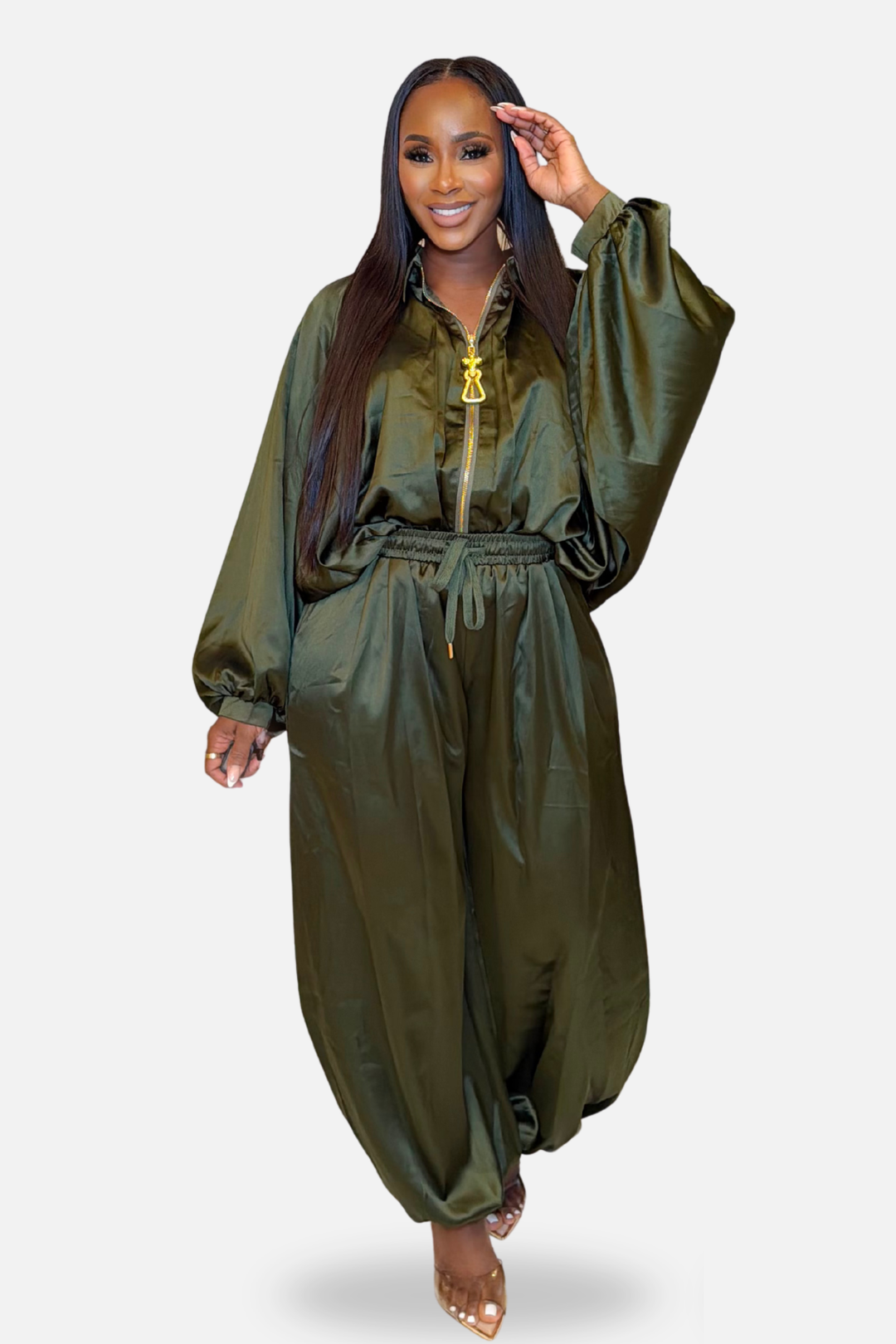 The Muse Satin Wide-Leg Set [Olive]