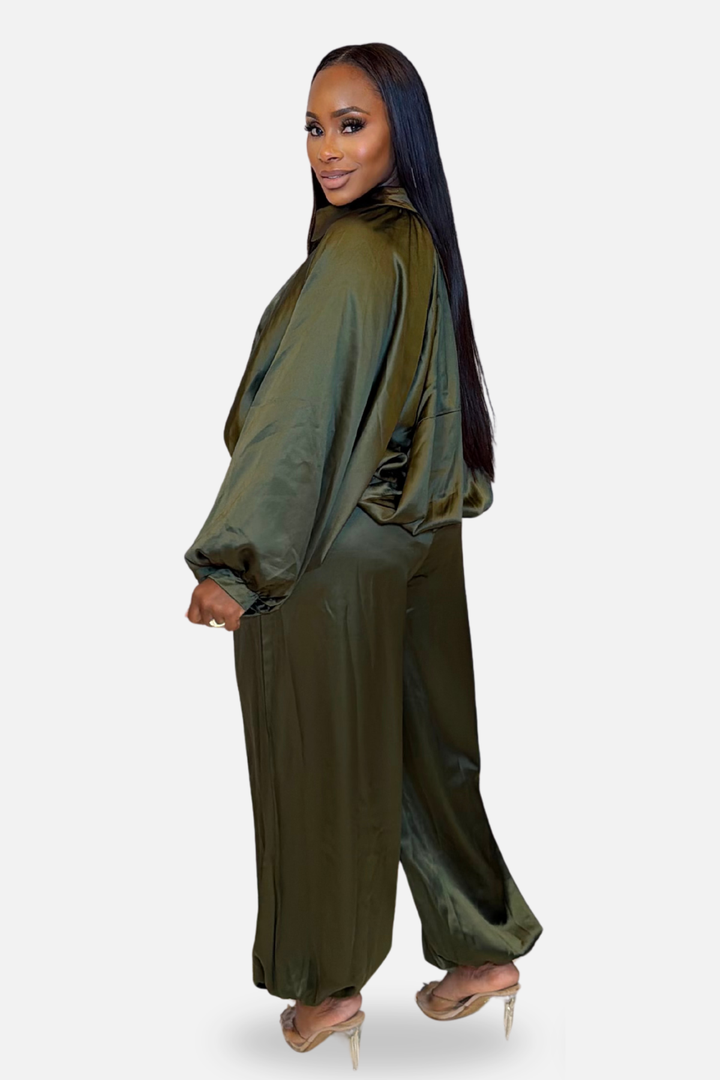 The Muse Satin Wide-Leg Set [Olive]