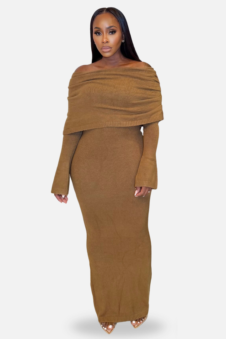 The Sienna Off-Shoulder Knit Maxi Dress Camel