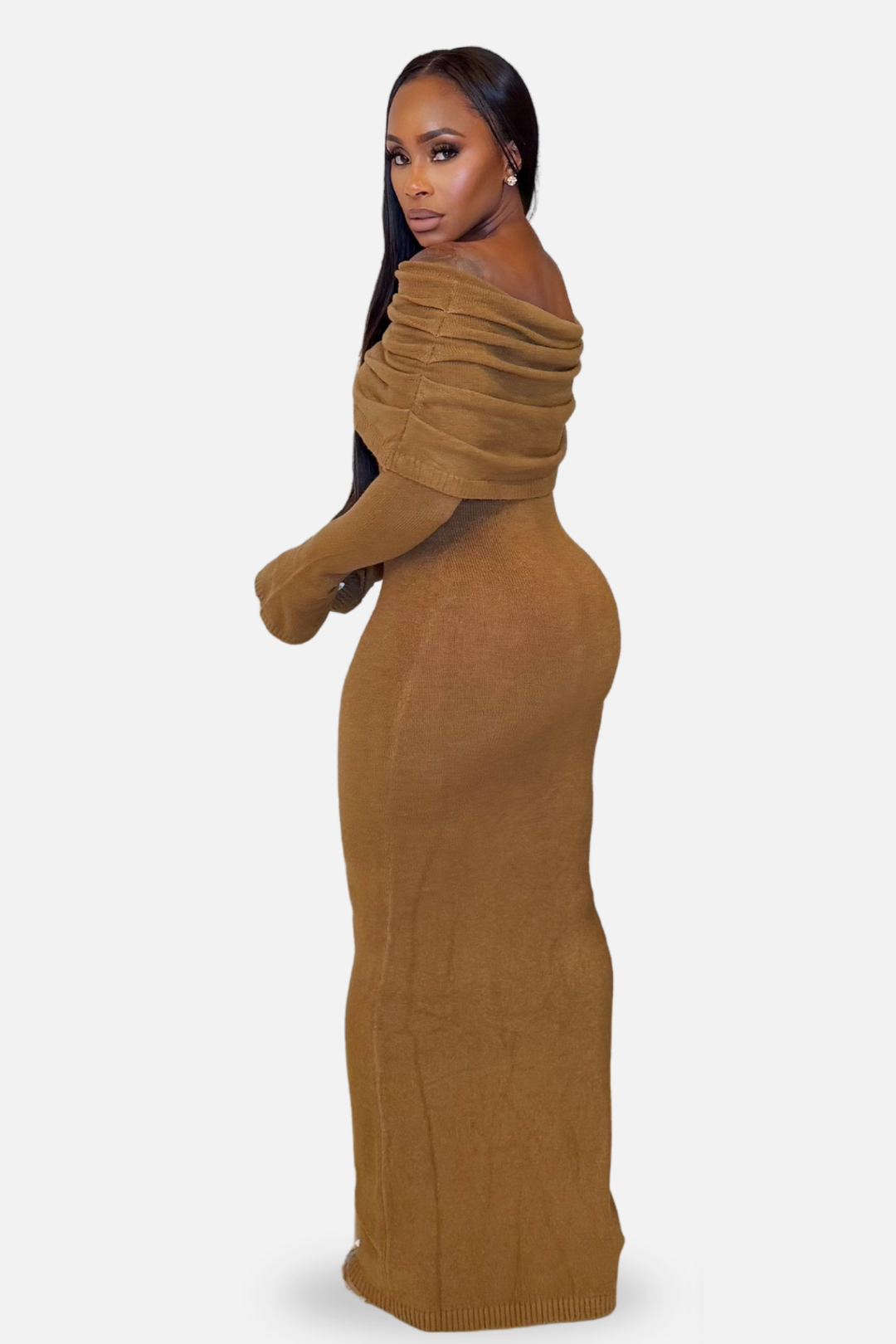 The Sienna Off-Shoulder Knit Maxi Dress Camel