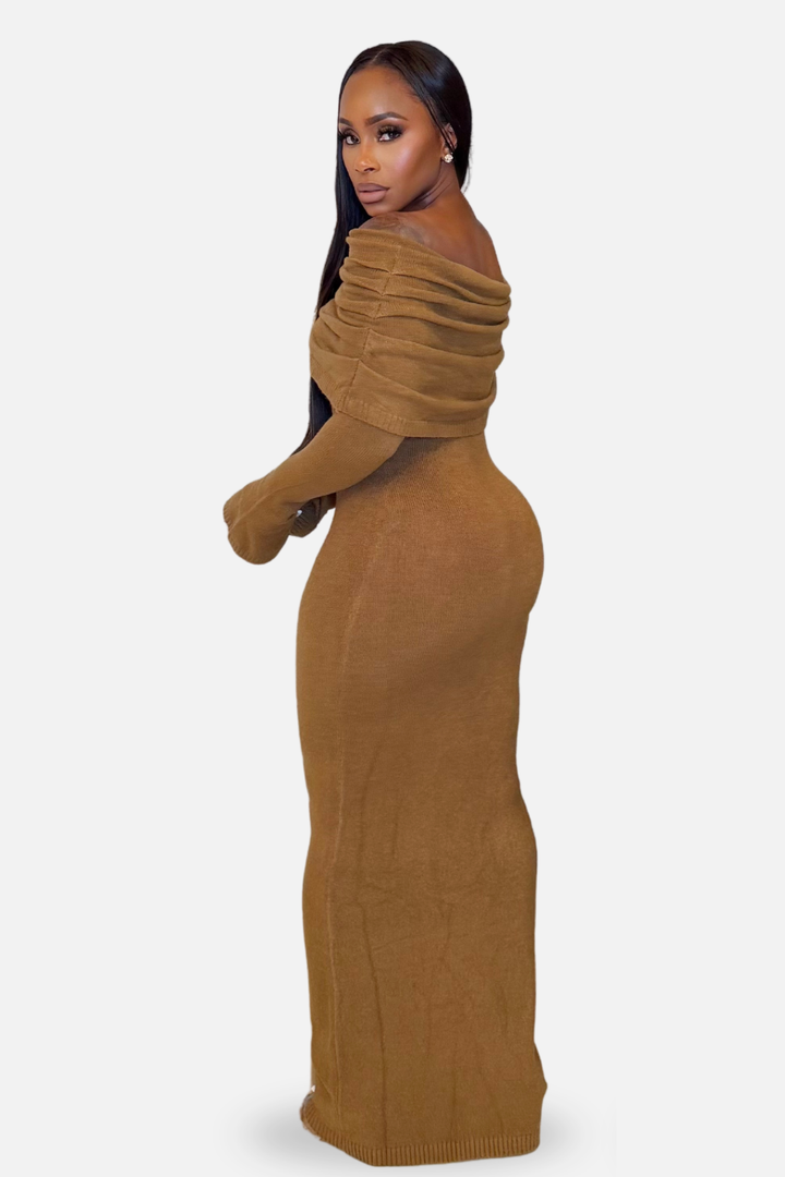 The Sienna Off-Shoulder Knit Maxi Dress Camel