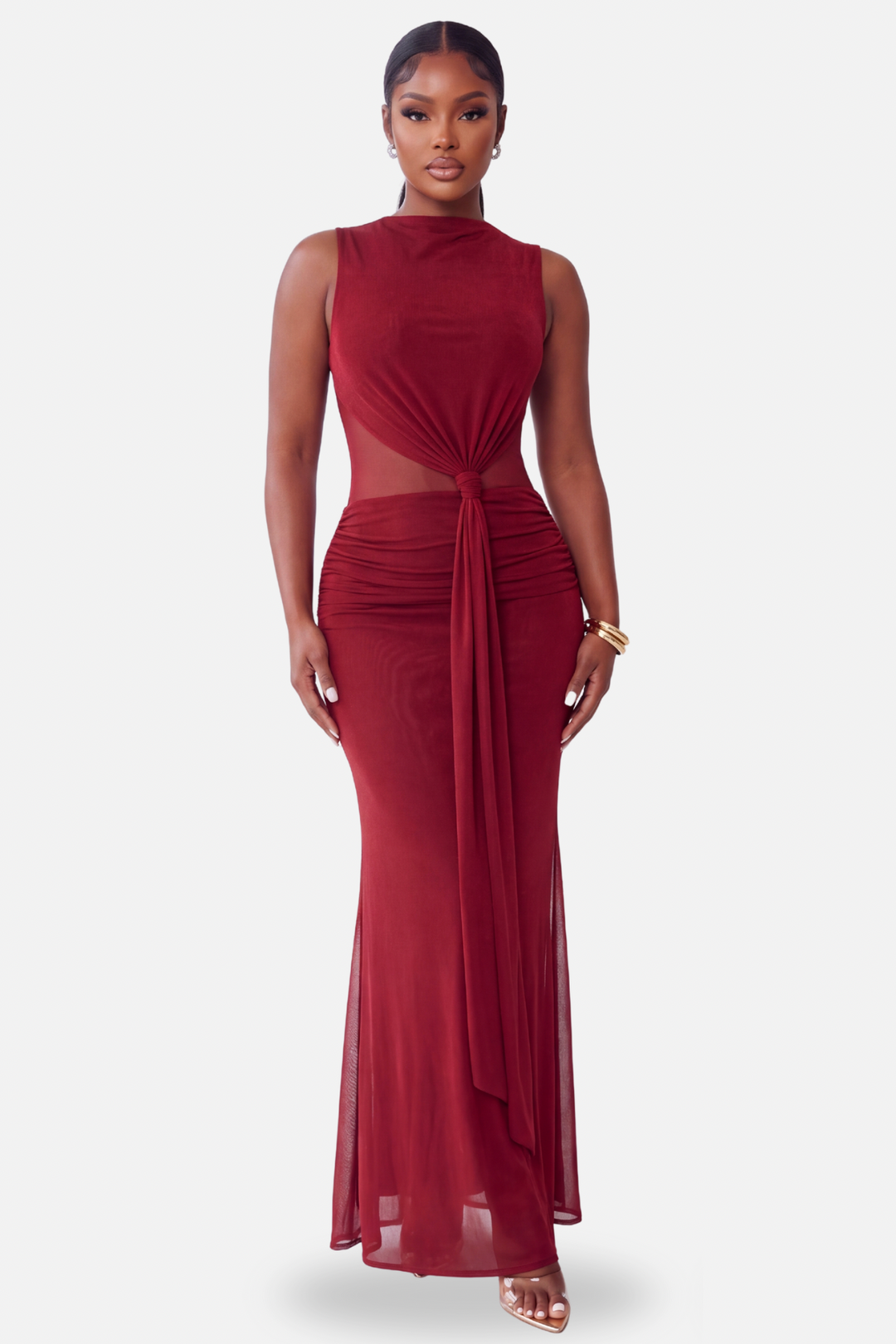 The Amara Draped Mesh Maxi Dress [Burgundy]