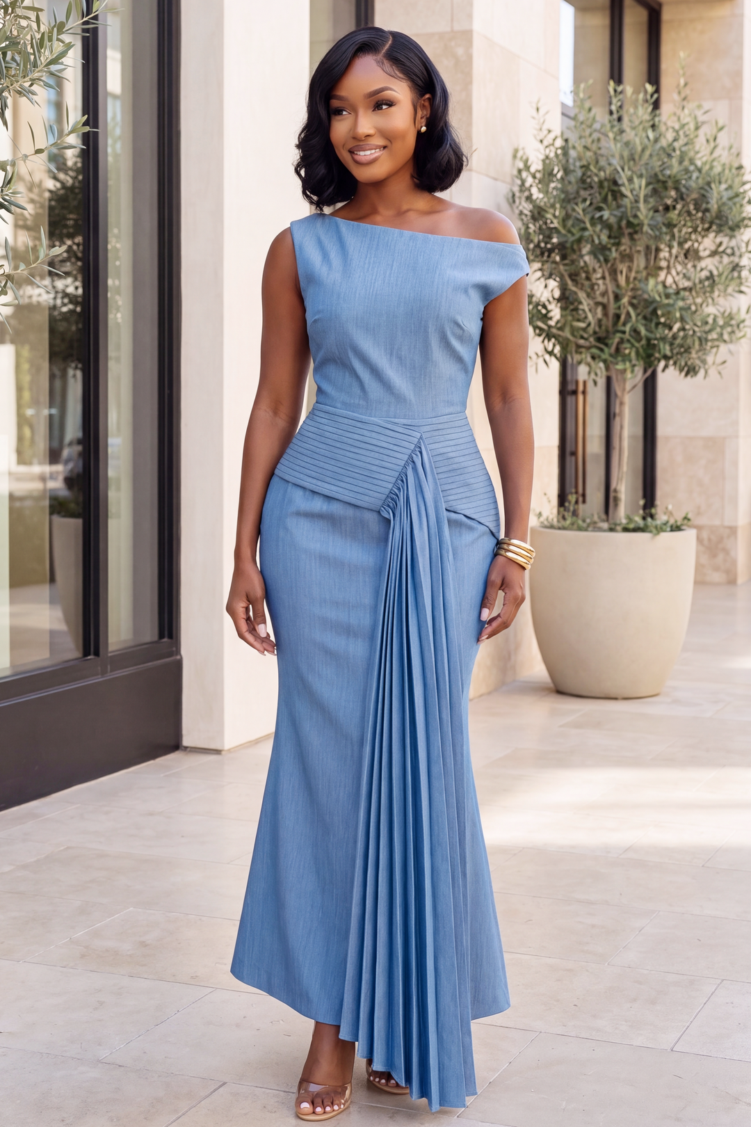 Isolde Pleated Drape Chambray Gown [Blue Denim]